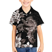 Hawaiian Lei Day Family Matching Long Sleeve Bodycon Dress and Hawaiian Shirt Plumeria and Turtle with Polynesian Tribal Pattern Grayscale Color LT03 Son's Shirt Black - Polynesian Pride