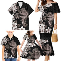 Hawaiian Lei Day Family Matching Mermaid Dress and Hawaiian Shirt Plumeria and Turtle with Polynesian Tribal Pattern Grayscale Color LT03 - Polynesian Pride