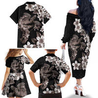 Hawaiian Lei Day Family Matching Off The Shoulder Long Sleeve Dress and Hawaiian Shirt Plumeria and Turtle with Polynesian Tribal Pattern Grayscale Color LT03 - Polynesian Pride