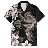 Hawaiian Lei Day Family Matching Off The Shoulder Long Sleeve Dress and Hawaiian Shirt Plumeria and Turtle with Polynesian Tribal Pattern Grayscale Color LT03 Dad's Shirt - Short Sleeve Black - Polynesian Pride