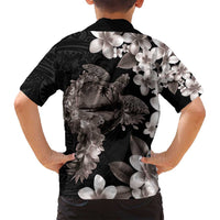 Hawaiian Lei Day Family Matching Off Shoulder Short Dress and Hawaiian Shirt Plumeria and Turtle with Polynesian Tribal Pattern Grayscale Color LT03 - Polynesian Pride