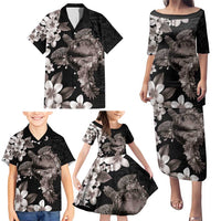 Hawaiian Lei Day Family Matching Puletasi and Hawaiian Shirt Plumeria and Turtle with Polynesian Tribal Pattern Grayscale Color LT03 - Polynesian Pride