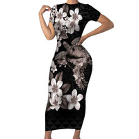 Hawaiian Lei Day Family Matching Short Sleeve Bodycon Dress and Hawaiian Shirt Plumeria and Turtle with Polynesian Tribal Pattern Grayscale Color LT03 Mom's Dress Black - Polynesian Pride