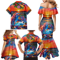 Hawaiian Lei Day Family Matching Mermaid Dress and Hawaiian Shirt Dolphins with Colorful Corals and Romantic Sunset LT03 - Polynesian Pride