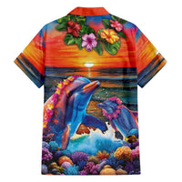 Hawaiian Lei Day Family Matching Off The Shoulder Long Sleeve Dress and Hawaiian Shirt Dolphins with Colorful Corals and Romantic Sunset LT03 - Polynesian Pride