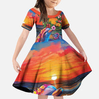 Hawaiian Lei Day Family Matching Off Shoulder Maxi Dress and Hawaiian Shirt Dolphins with Colorful Corals and Romantic Sunset LT03 Daughter's Dress Orange - Polynesian Pride