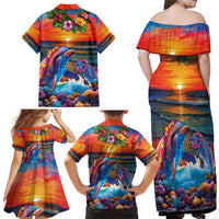 Hawaiian Lei Day Family Matching Off Shoulder Maxi Dress and Hawaiian Shirt Dolphins with Colorful Corals and Romantic Sunset LT03 - Polynesian Pride