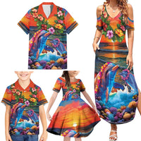 Hawaiian Lei Day Family Matching Summer Maxi Dress and Hawaiian Shirt Dolphins with Colorful Corals and Romantic Sunset LT03 - Polynesian Pride