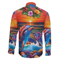 Hawaiian Lei Day Family Matching Summer Maxi Dress and Hawaiian Shirt Dolphins with Colorful Corals and Romantic Sunset LT03 - Polynesian Pride
