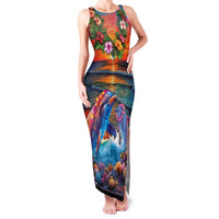 Hawaiian Lei Day Family Matching Tank Maxi Dress and Hawaiian Shirt Dolphins with Colorful Corals and Romantic Sunset LT03 Mom's Dress Orange - Polynesian Pride