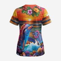 Hawaiian Lei Day Scrub Top Dolphins with Colorful Corals and Romantic Sunset - Polynesian Pride