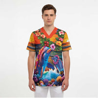 Hawaiian Lei Day Scrub Top Dolphins with Colorful Corals and Romantic Sunset - Polynesian Pride