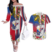 Personalised Hawaii and Philippines Together Couples Matching Off The Shoulder Long Sleeve Dress and Hawaiian Shirt The Emblems with Cultural Symbols Blue-White-Red Tricolor LT03 Art - Polynesian Pride