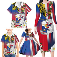 Personalised Hawaii and Philippines Together Family Matching Long Sleeve Bodycon Dress and Hawaiian Shirt The Emblems with Cultural Symbols Blue-White-Red Tricolor LT03 - Polynesian Pride