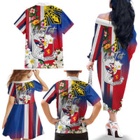Personalised Hawaii and Philippines Together Family Matching Off The Shoulder Long Sleeve Dress and Hawaiian Shirt The Emblems with Cultural Symbols Blue-White-Red Tricolor LT03 - Polynesian Pride