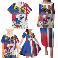 Personalised Hawaii and Philippines Together Family Matching Puletasi and Hawaiian Shirt The Emblems with Cultural Symbols Blue-White-Red Tricolor LT03 - Polynesian Pride