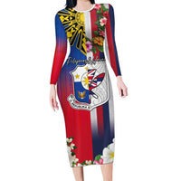Personalised Hawaii and Philippines Together Long Sleeve Bodycon Dress The Emblems with Cultural Symbols Blue-White-Red Tricolor