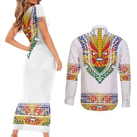 Haiti Flag Traditional Dashiki Couples Matching Short Sleeve Bodycon Dress and Long Sleeve Button Shirt White Color - Polynesian Pride