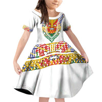 Haiti Flag Traditional Dashiki Family Matching Off Shoulder Short Dress and Hawaiian Shirt White Color LT03 Daughter's Dress White - Polynesian Pride