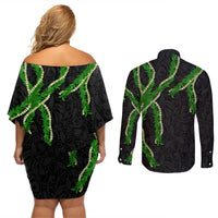 Hawaii Maile Lei Couples Matching Off Shoulder Short Dress and Long Sleeve Button Shirt Aloha Black Color