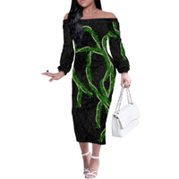 Hawaii Maile Lei Family Matching Off The Shoulder Long Sleeve Dress and Hawaiian Shirt Aloha Black Color LT03 Mom's Dress Black - Polynesian Pride