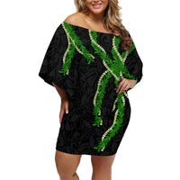 Hawaii Maile Lei Family Matching Off Shoulder Short Dress and Hawaiian Shirt Aloha Black Color LT03 Mom's Dress Black - Polynesian Pride