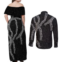 Hawaii Maile Lei Couples Matching Off Shoulder Maxi Dress and Long Sleeve Button Shirt Aloha Grayscale Color
