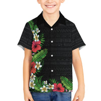 Hawaii Tropical Flowers and Leaves Family Matching Off The Shoulder Long Sleeve Dress and Hawaiian Shirt Tapa Pattern Colorful Mode LT03 Son's Shirt Black - Polynesian Pride