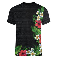 Hawaii Tropical Flowers and Leaves Women V-Neck T-Shirt Tapa Pattern Colorful Mode