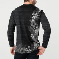 Hawaii Tropical Flowers and Leaves Button Sweatshirt Tapa Pattern Grayscale Mode