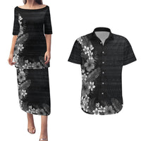 Hawaii Tropical Flowers and Leaves Couples Matching Puletasi and Hawaiian Shirt Tapa Pattern Grayscale Mode LT03 Grayscale - Polynesian Pride