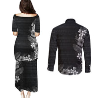 Hawaii Tropical Flowers and Leaves Couples Matching Puletasi and Long Sleeve Button Shirt Tapa Pattern Grayscale Mode