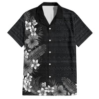 Hawaii Tropical Flowers and Leaves Family Matching Tank Maxi Dress and Hawaiian Shirt Tapa Pattern Grayscale Mode