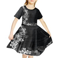 Hawaii Tropical Flowers and Leaves Kid Short Sleeve Dress Tapa Pattern Grayscale Mode