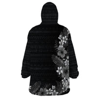 Hawaii Tropical Flowers and Leaves Wearable Blanket Hoodie Tapa Pattern Grayscale Mode