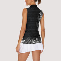 Hawaii Tropical Flowers and Leaves Women Sleeveless Polo Shirt Tapa Pattern Grayscale Mode