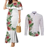 Hawaii Tropical Flowers and Leaves Couples Matching Mermaid Dress and Long Sleeve Button Shirt Tapa Pattern White Mode