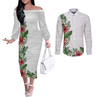 Hawaii Tropical Flowers and Leaves Couples Matching Off The Shoulder Long Sleeve Dress and Long Sleeve Button Shirt Tapa Pattern White Mode
