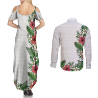 Hawaii Tropical Flowers and Leaves Couples Matching Summer Maxi Dress and Long Sleeve Button Shirt Tapa Pattern White Mode