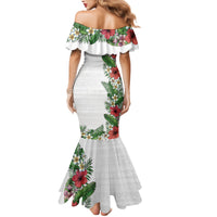 Hawaii Tropical Flowers and Leaves Family Matching Mermaid Dress and Hawaiian Shirt Tapa Pattern White Mode