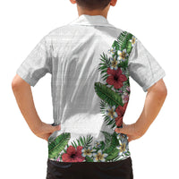 Hawaii Tropical Flowers and Leaves Family Matching Off The Shoulder Long Sleeve Dress and Hawaiian Shirt Tapa Pattern White Mode LT03 - Polynesian Pride