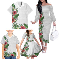 Hawaii Tropical Flowers and Leaves Family Matching Off The Shoulder Long Sleeve Dress and Hawaiian Shirt Tapa Pattern White Mode LT03 - Polynesian Pride