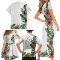 Hawaii Tropical Flowers and Leaves Family Matching Short Sleeve Bodycon Dress and Hawaiian Shirt Tapa Pattern White Mode LT03 - Polynesian Pride