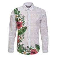 Hawaii Tropical Flowers and Leaves Family Matching Short Sleeve Bodycon Dress and Hawaiian Shirt Tapa Pattern White Mode LT03 Dad's Shirt - Long Sleeve White - Polynesian Pride