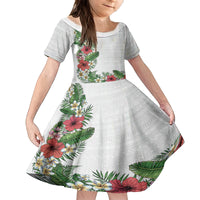 Hawaii Tropical Flowers and Leaves Kid Short Sleeve Dress Tapa Pattern White Mode