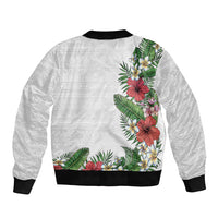Hawaii Tropical Flowers and Leaves Sleeve Zip Bomber Jacket Tapa Pattern White Mode
