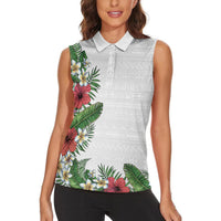Hawaii Tropical Flowers and Leaves Women Sleeveless Polo Shirt Tapa Pattern White Mode