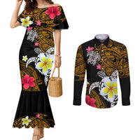 Hawaii Turtle and Tropical Flower Couples Matching Mermaid Dress and Long Sleeve Button Shirt Polynesian Pattern