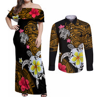 Hawaii Turtle and Tropical Flower Couples Matching Off Shoulder Maxi Dress and Long Sleeve Button Shirt Polynesian Pattern