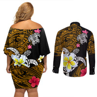 Hawaii Turtle and Tropical Flower Couples Matching Off Shoulder Short Dress and Long Sleeve Button Shirt Polynesian Pattern